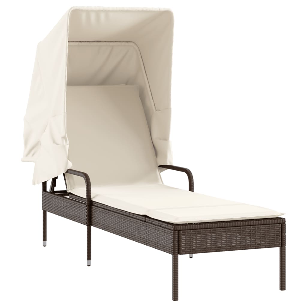 Ligbed met luifel en tafel poly rattan bruin