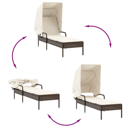 Ligbed met luifel en tafel poly rattan bruin