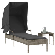 Ligbed poly rattan grijs met luifel en tafel 200x62x130 cm