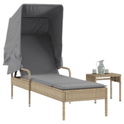 Ligbed poly rattan beige met luifel en tafel