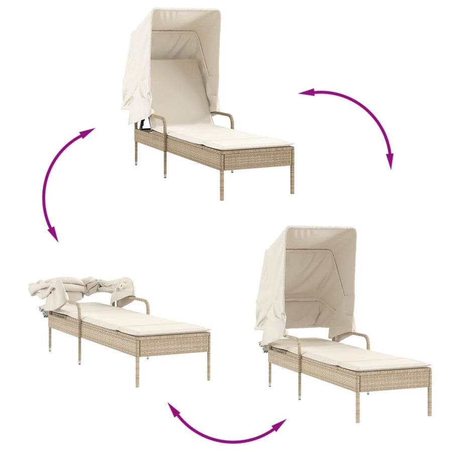 Ligbed met luifel en tafel poly rattan beige