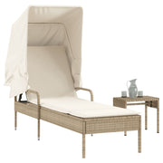 Ligbed poly rattan beige met luifel en tafel