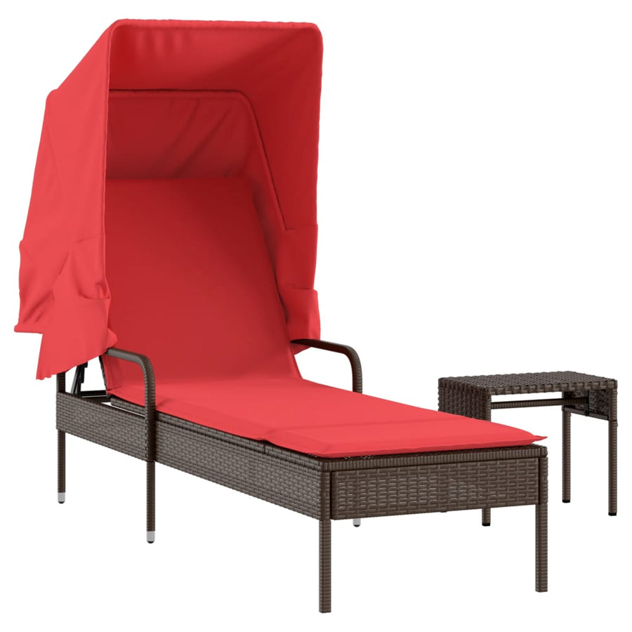 Ligstoel met luifel en tafel bruin poly rattan