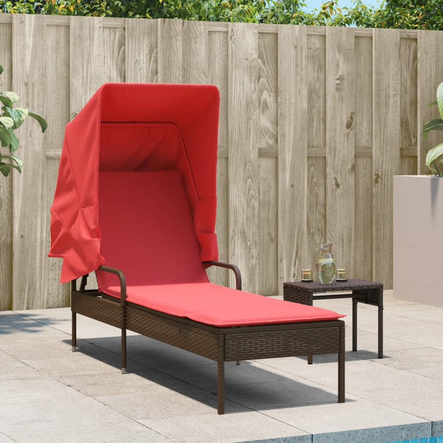 Ligstoel met luifel en tafel bruin poly rattan