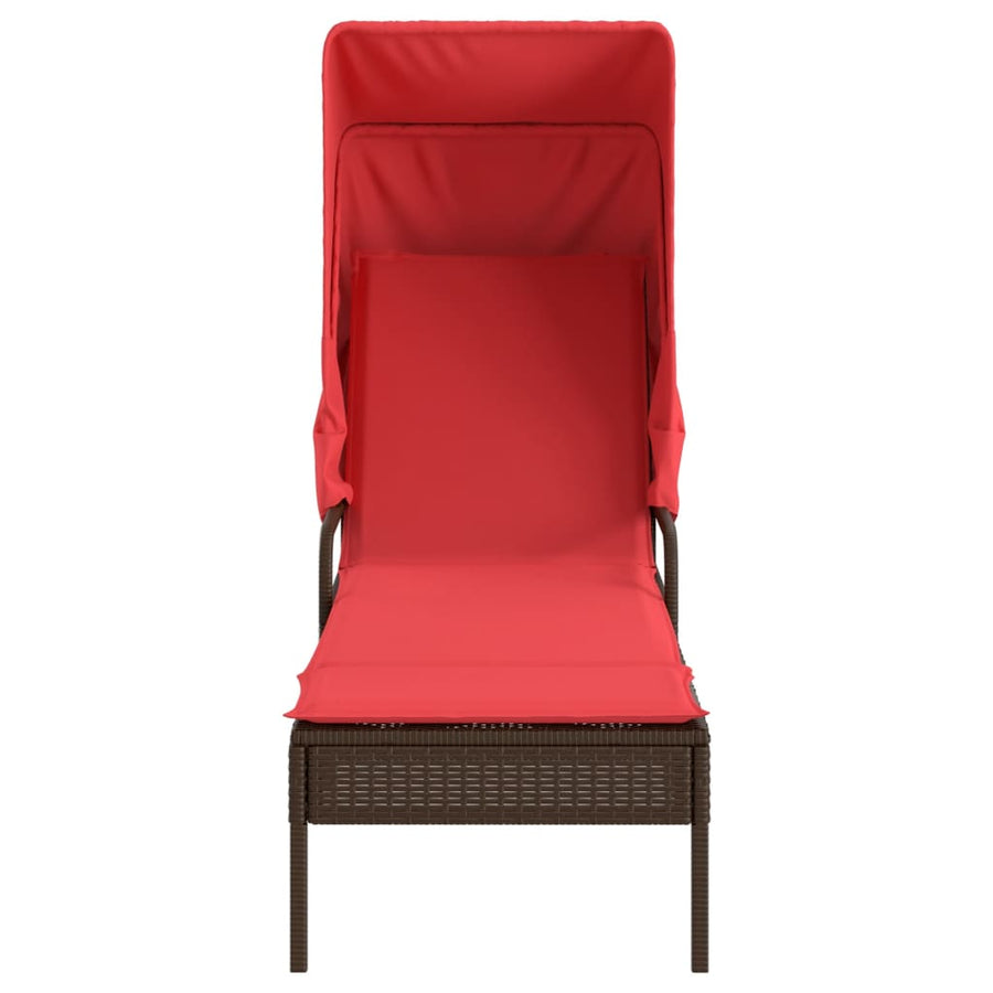 Ligstoel met luifel en tafel bruin poly rattan