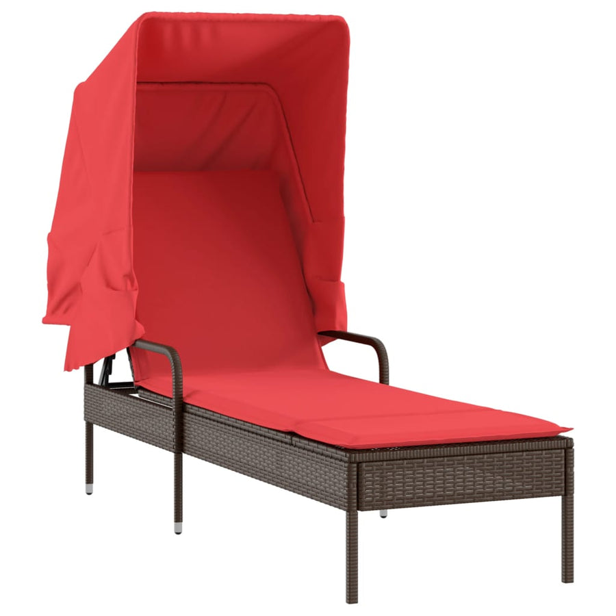 Ligstoel met luifel en tafel bruin poly rattan