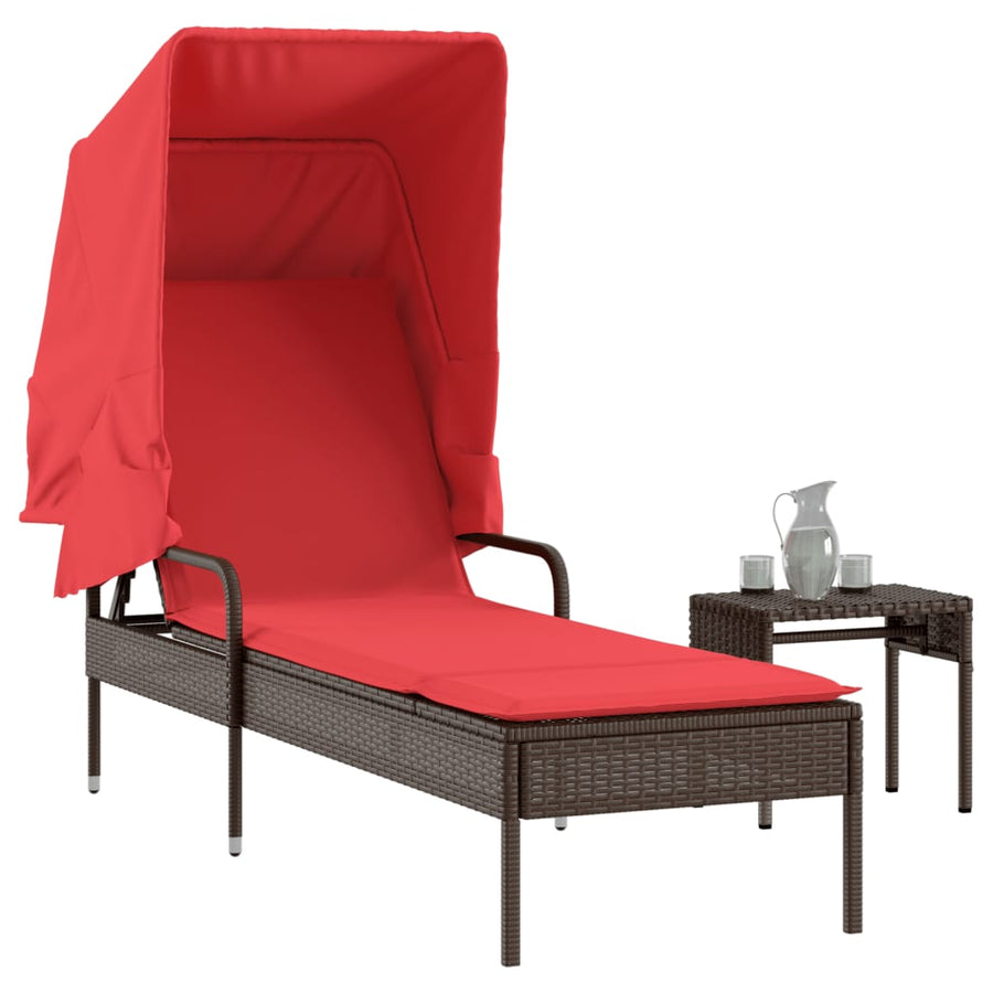 Ligstoel met luifel en tafel bruin poly rattan