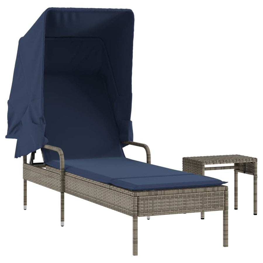 Ligstoel met luifel en tafel grijs poly rattan