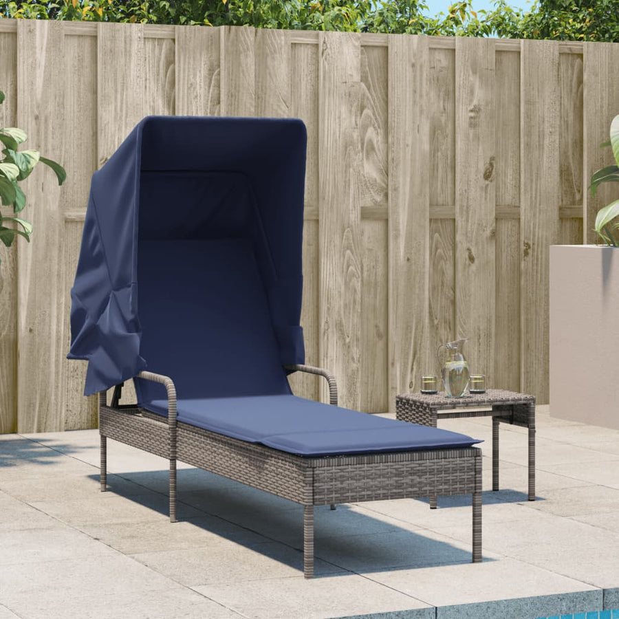 Ligstoel met luifel en tafel grijs poly rattan