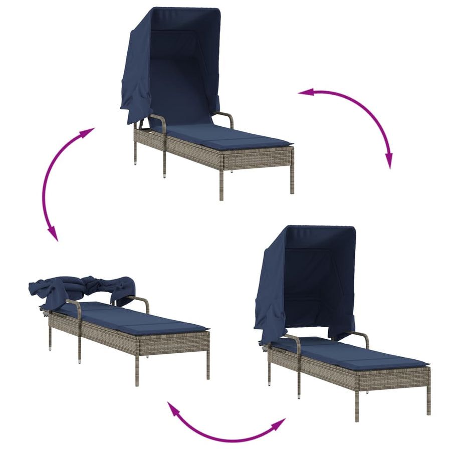 Ligstoel met luifel en tafel grijs poly rattan