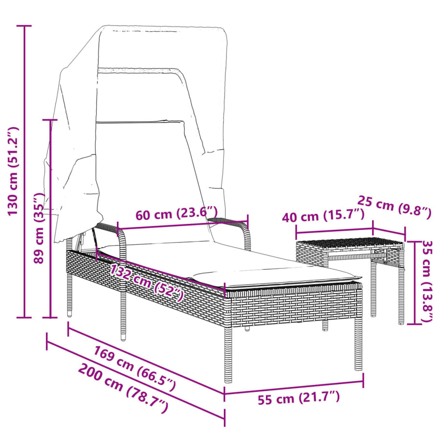 Ligstoel met luifel en tafel grijs poly rattan
