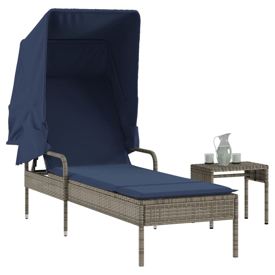 Ligstoel met luifel en tafel grijs poly rattan
