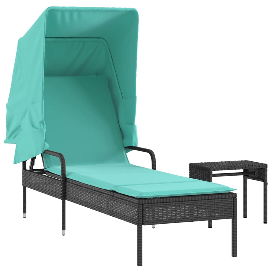 Ligstoel met luifel en tafel zwart poly rattan