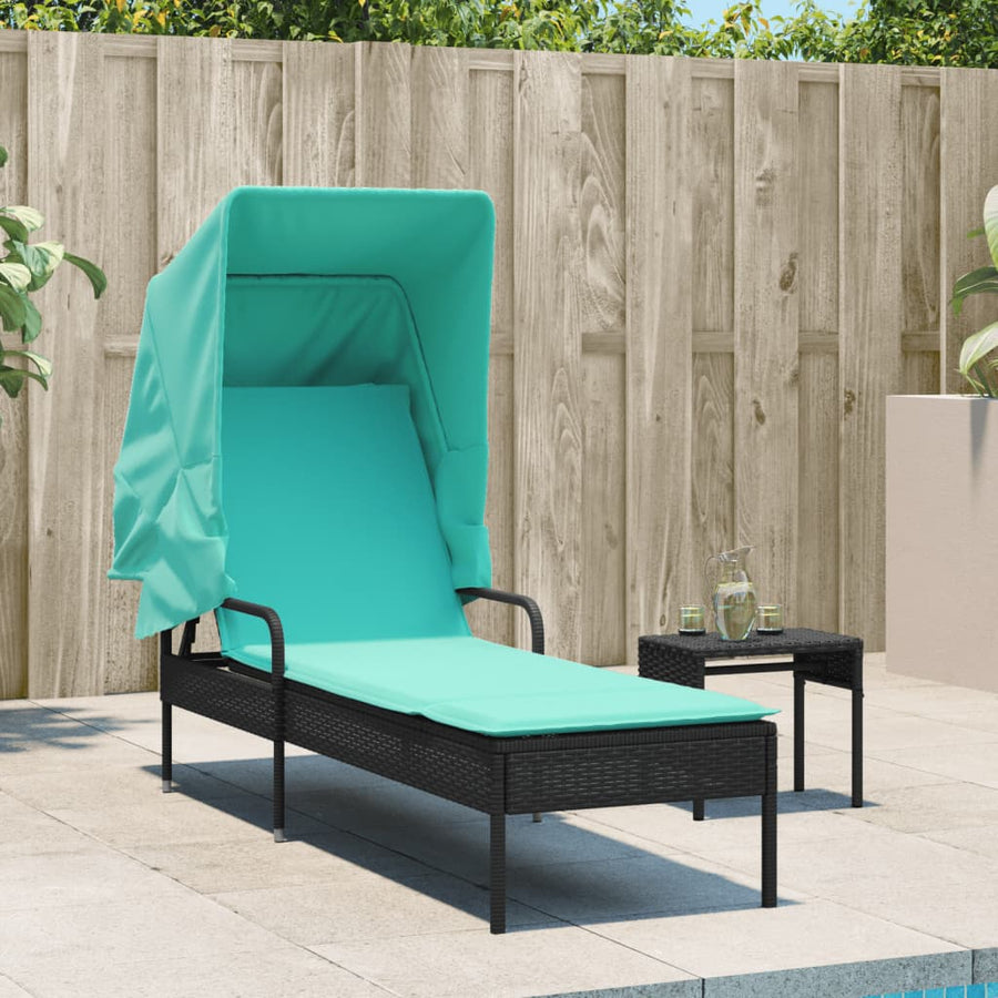 Ligstoel met luifel en tafel zwart poly rattan