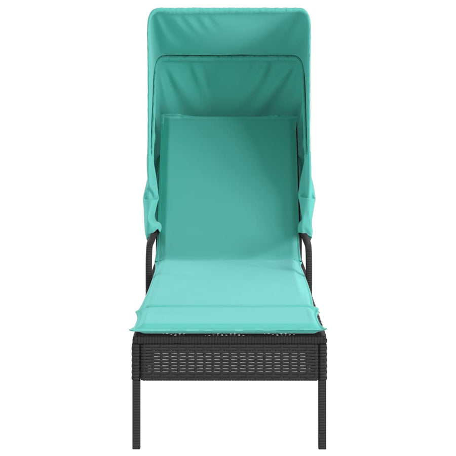 Ligstoel met luifel en tafel zwart poly rattan