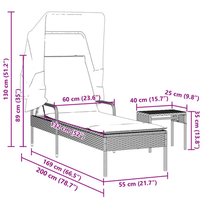 Ligstoel met luifel en tafel zwart poly rattan