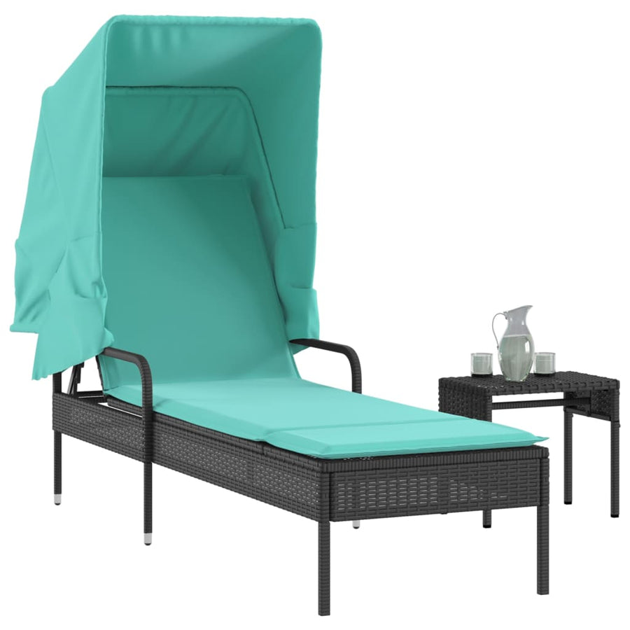 Ligstoel met luifel en tafel zwart poly rattan
