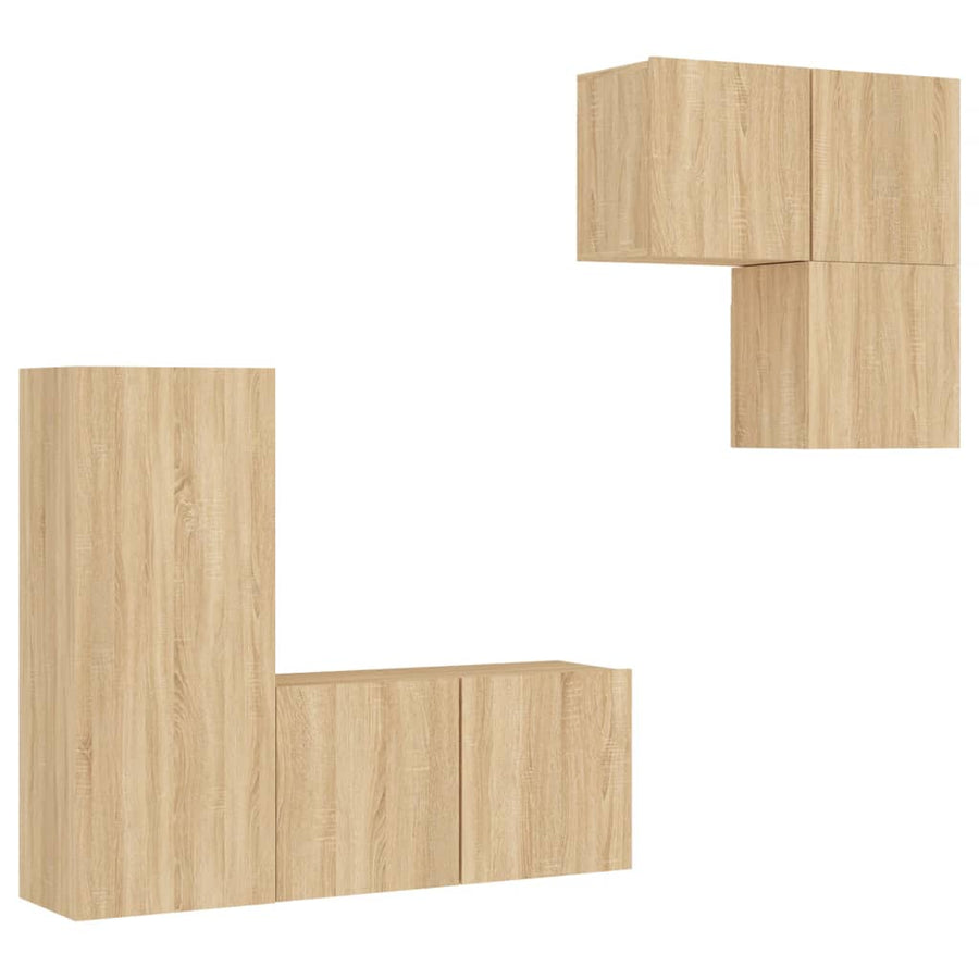4-Delige Tv-Wandmeubelset Bewerkt Hout Kleurig Sonoma eiken