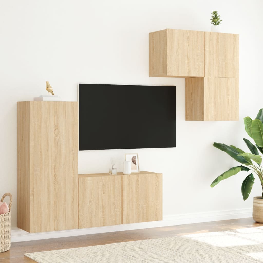 4-Delige Tv-Wandmeubelset Bewerkt Hout Kleurig Sonoma eiken