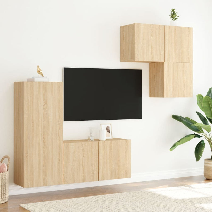 4-Delige Tv-Wandmeubelset Bewerkt Hout Kleurig Sonoma eiken