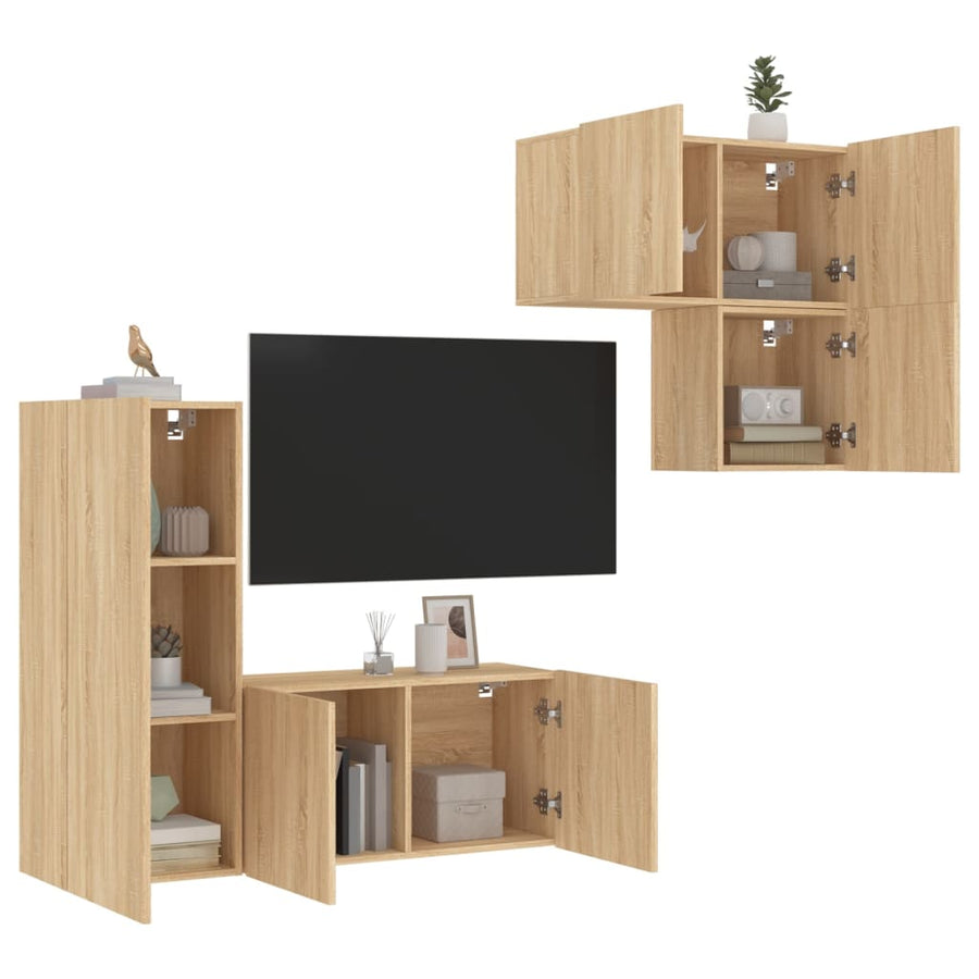 4-Delige Tv-Wandmeubelset Bewerkt Hout Kleurig Sonoma eiken
