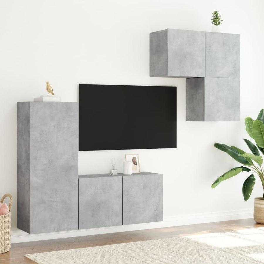 4-Delige Tv-Wandmeubelset Bewerkt Hout Betongrijs