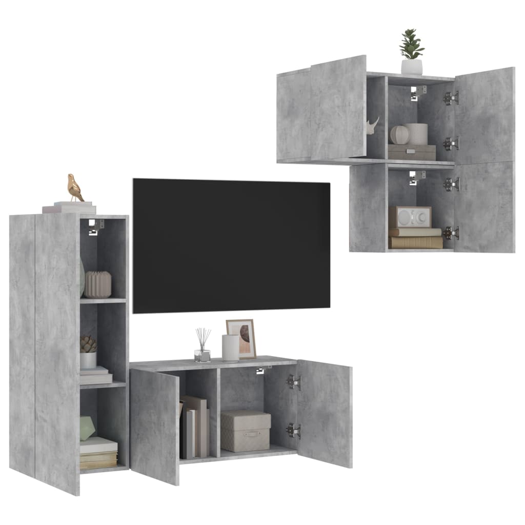 4-Delige Tv-Wandmeubelset Bewerkt Hout Betongrijs