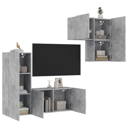 4-Delige Tv-Wandmeubelset Bewerkt Hout Betongrijs