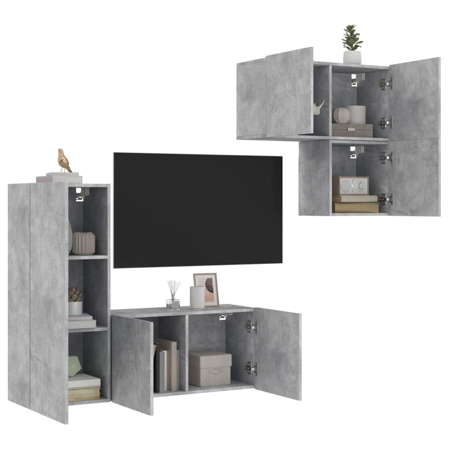 4-Delige Tv-Wandmeubelset Bewerkt Hout Betongrijs