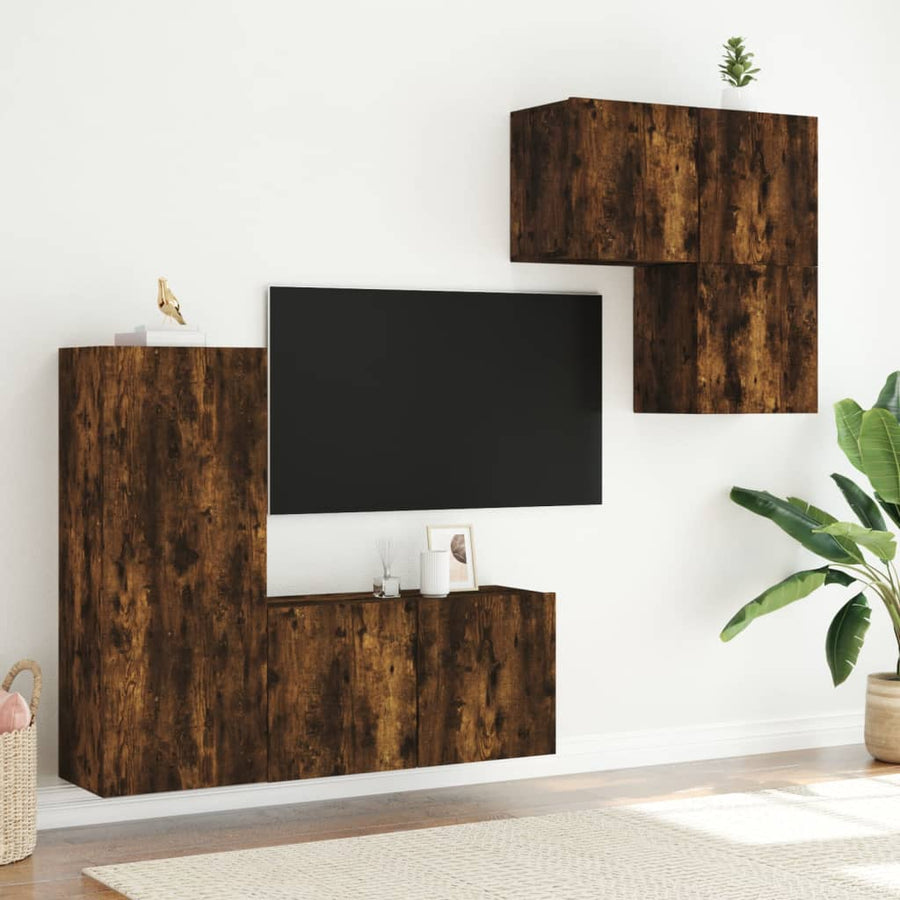 4-Delige Tv-Wandmeubelset Bewerkt Hout Kleurig Gerookt eiken