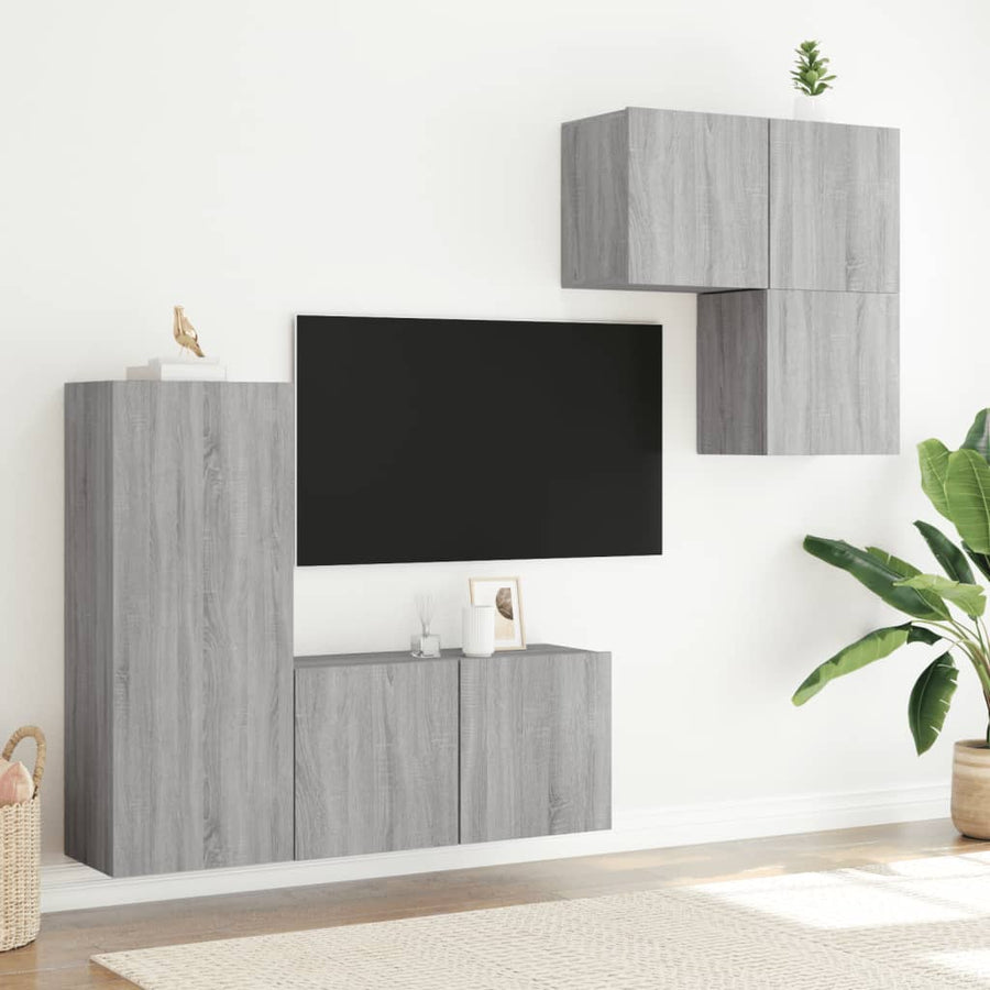 4-Delige Tv-Wandmeubelset Bewerkt Hout Grijs sonoma