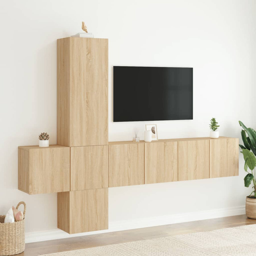 5-Delige Tv-Wandmeubelset Bewerkt Hout Kleurig Sonoma eiken