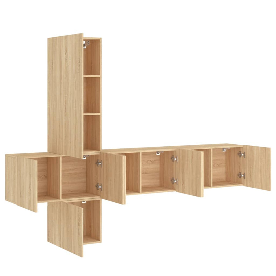 5-Delige Tv-Wandmeubelset Bewerkt Hout Kleurig Sonoma eiken