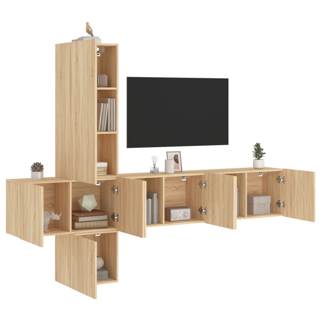 5-Delige Tv-Wandmeubelset Bewerkt Hout Kleurig Sonoma eiken