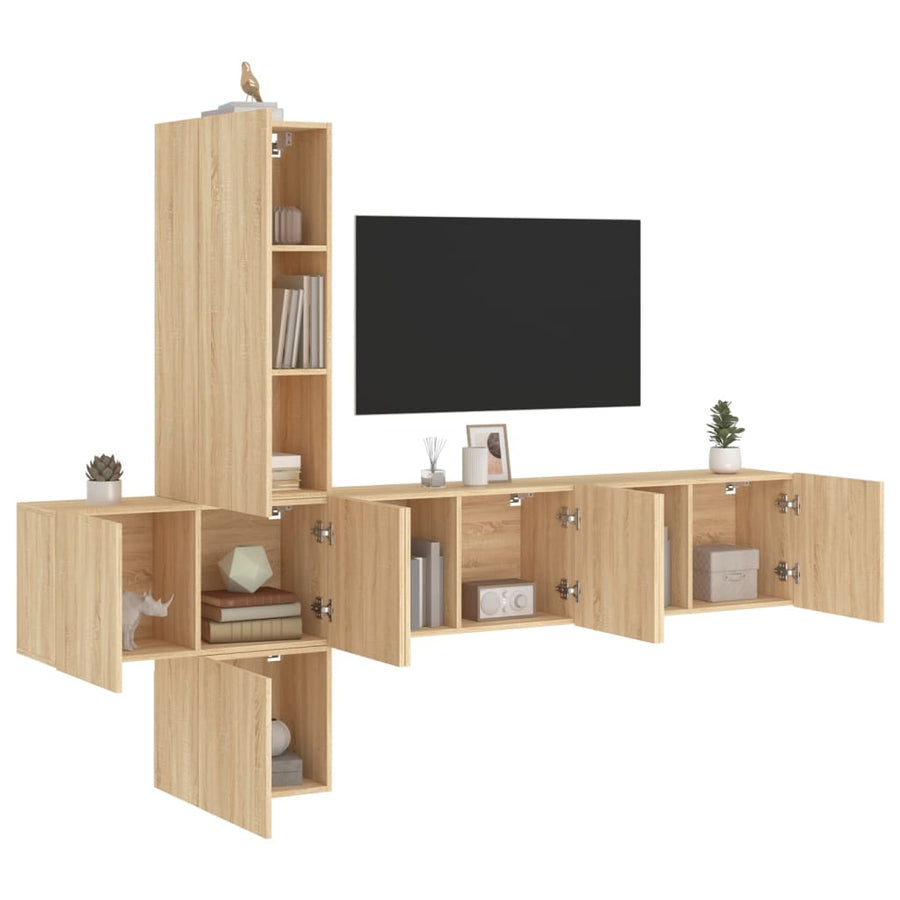 5-Delige Tv-Wandmeubelset Bewerkt Hout Kleurig Sonoma eiken