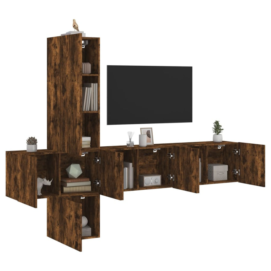 5-Delige Tv-Wandmeubelset Bewerkt Hout Kleurig Gerookt eiken