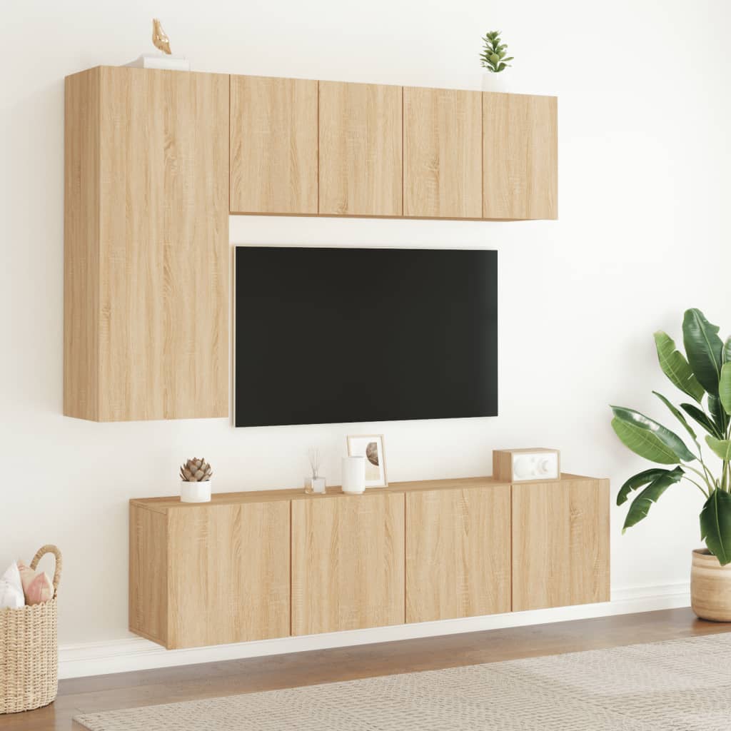 5-Delige Tv-Wandmeubelset Bewerkt Hout Kleurig Sonoma eiken