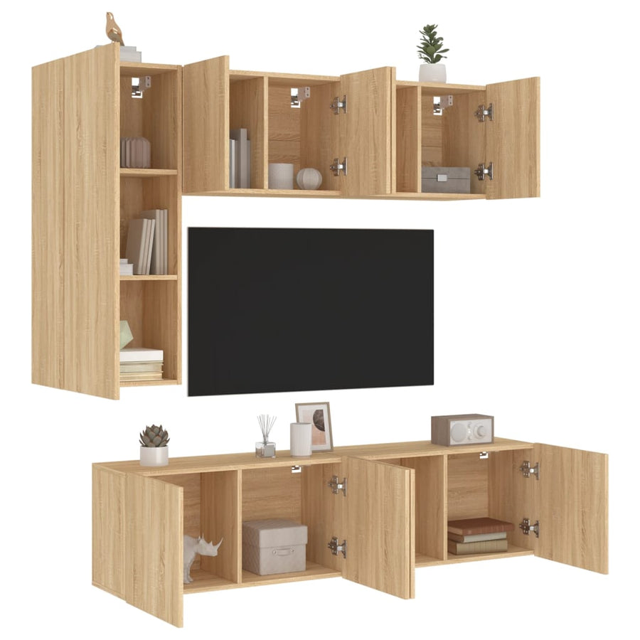 5-Delige Tv-Wandmeubelset Bewerkt Hout Kleurig Sonoma eiken