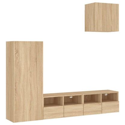 4-Delige Tv-Wandmeubelset Bewerkt Hout Kleurig Sonoma eiken