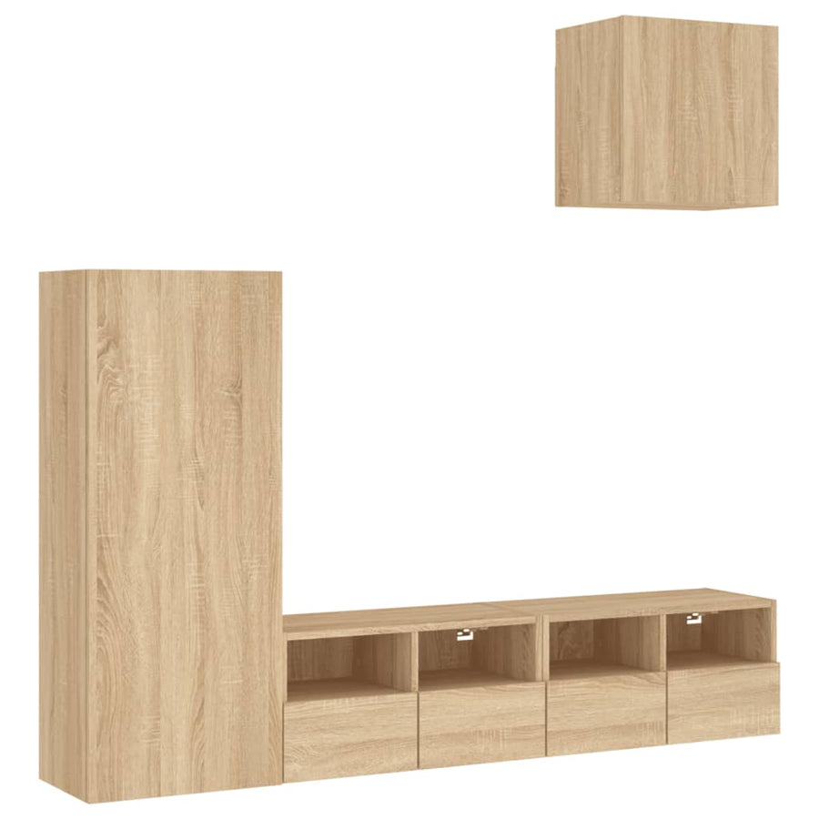 4-Delige Tv-Wandmeubelset Bewerkt Hout Kleurig Sonoma eiken