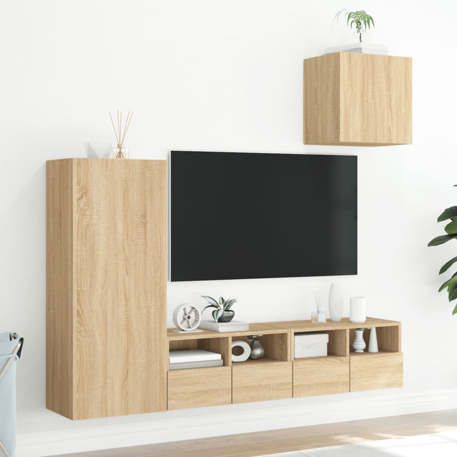 4-Delige Tv-Wandmeubelset Bewerkt Hout Kleurig Sonoma eiken