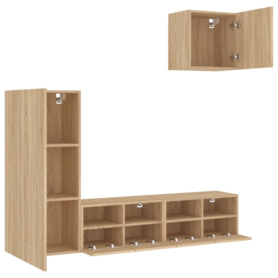 4-Delige Tv-Wandmeubelset Bewerkt Hout Kleurig Sonoma eiken