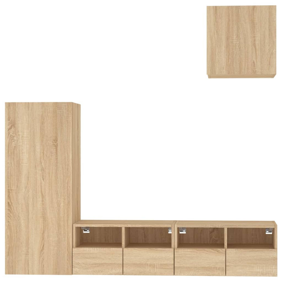 4-Delige Tv-Wandmeubelset Bewerkt Hout Kleurig Sonoma eiken
