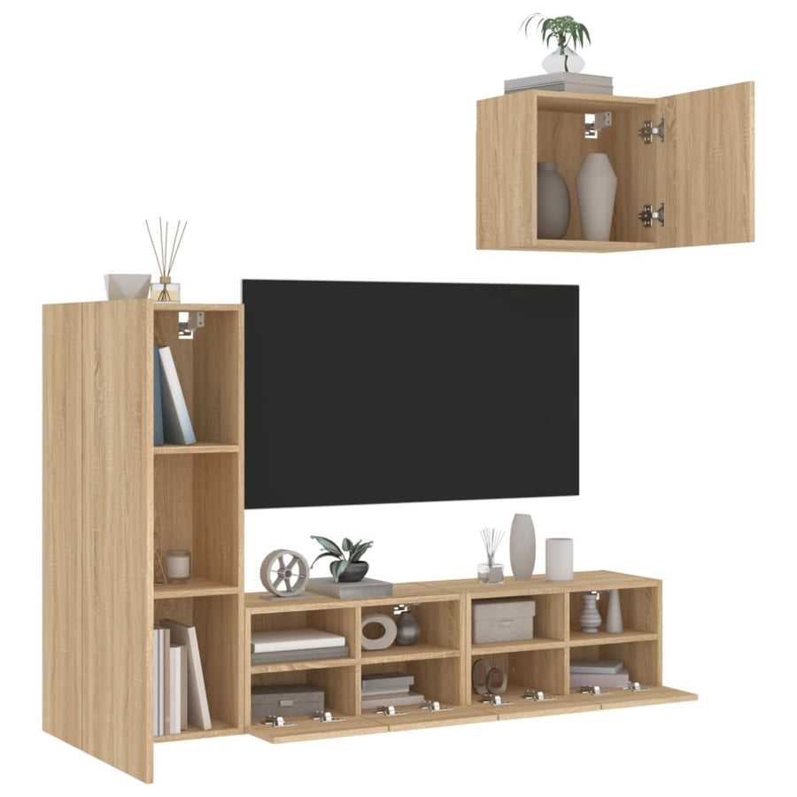 4-Delige Tv-Wandmeubelset Bewerkt Hout Kleurig Sonoma eiken