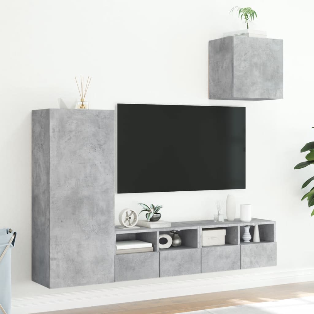 4-Delige Tv-Wandmeubelset Bewerkt Hout Betongrijs