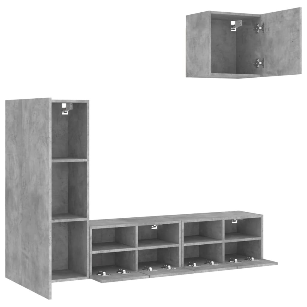 4-Delige Tv-Wandmeubelset Bewerkt Hout Betongrijs