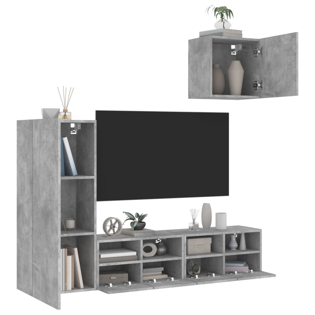 4-Delige Tv-Wandmeubelset Bewerkt Hout Betongrijs