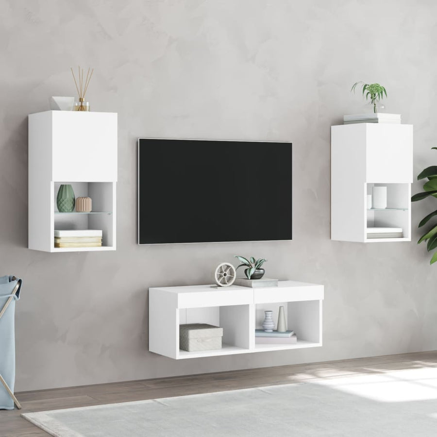 4-Delige Tv-Wandmeubelset Met Led-Verlichting Wit