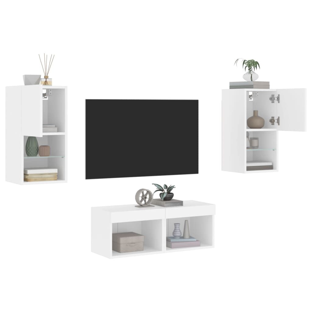 4-Delige Tv-Wandmeubelset Met Led-Verlichting Wit