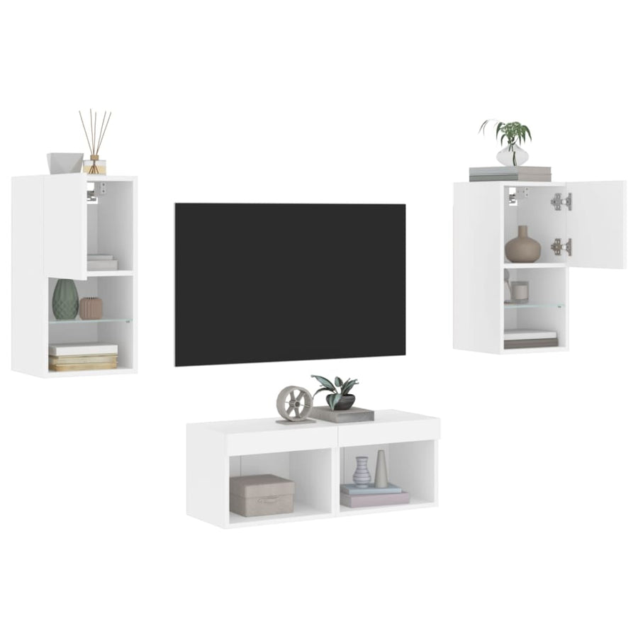 4-Delige Tv-Wandmeubelset Met Led-Verlichting Wit